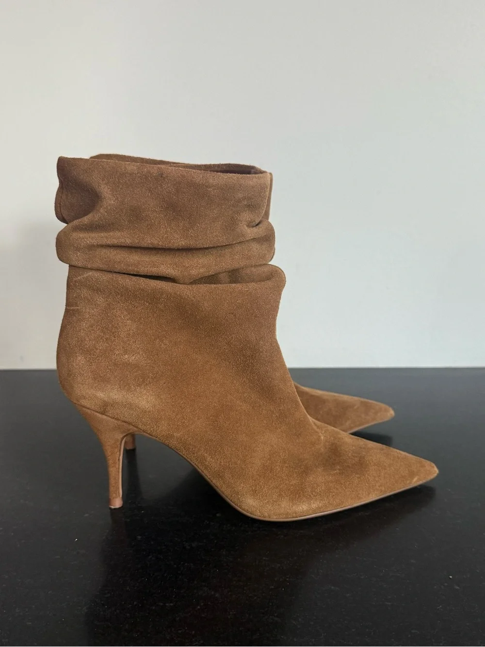 $169 Brian Atwood x Express Suede Slouch Thin Heeled Boots – Cognac Size 6